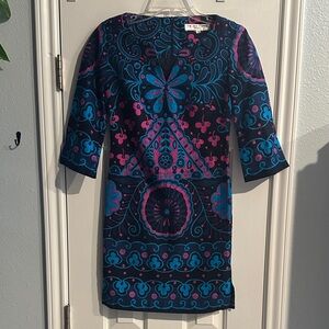 Trina Turk Vibrant Blue Pink  Floral Geometric Patter Cotton Shift Dress 0